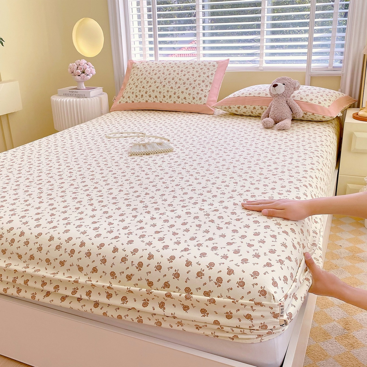 91家纺网 家纺一手货源 找家纺 春皖家纺 2026新款全棉老粗布席子凉席工艺款单床笠床笠单件 玫瑰情