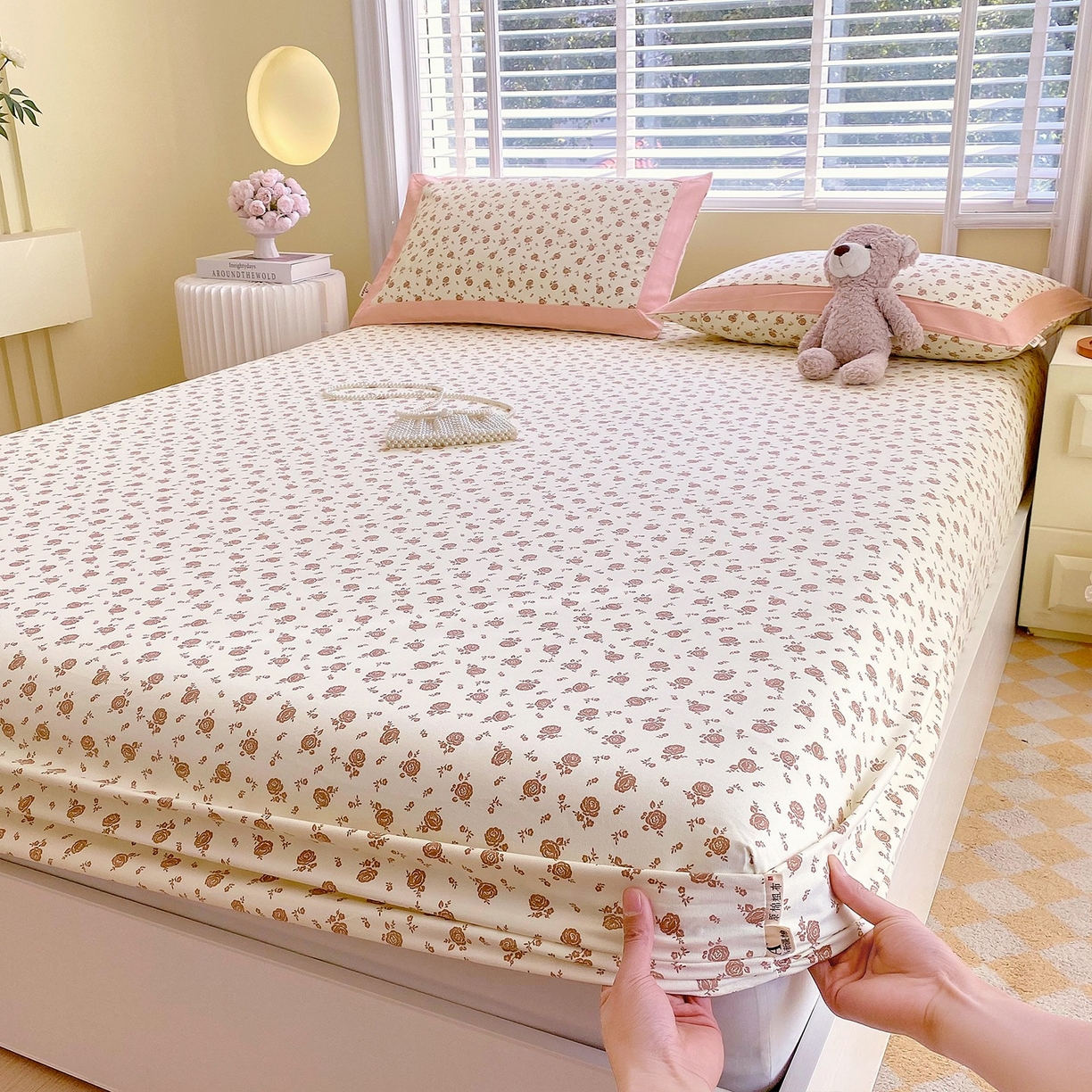 91家纺网 家纺一手货源 找家纺 春皖家纺 2026新款全棉老粗布席子凉席工艺款单床笠床笠单件 玫瑰情