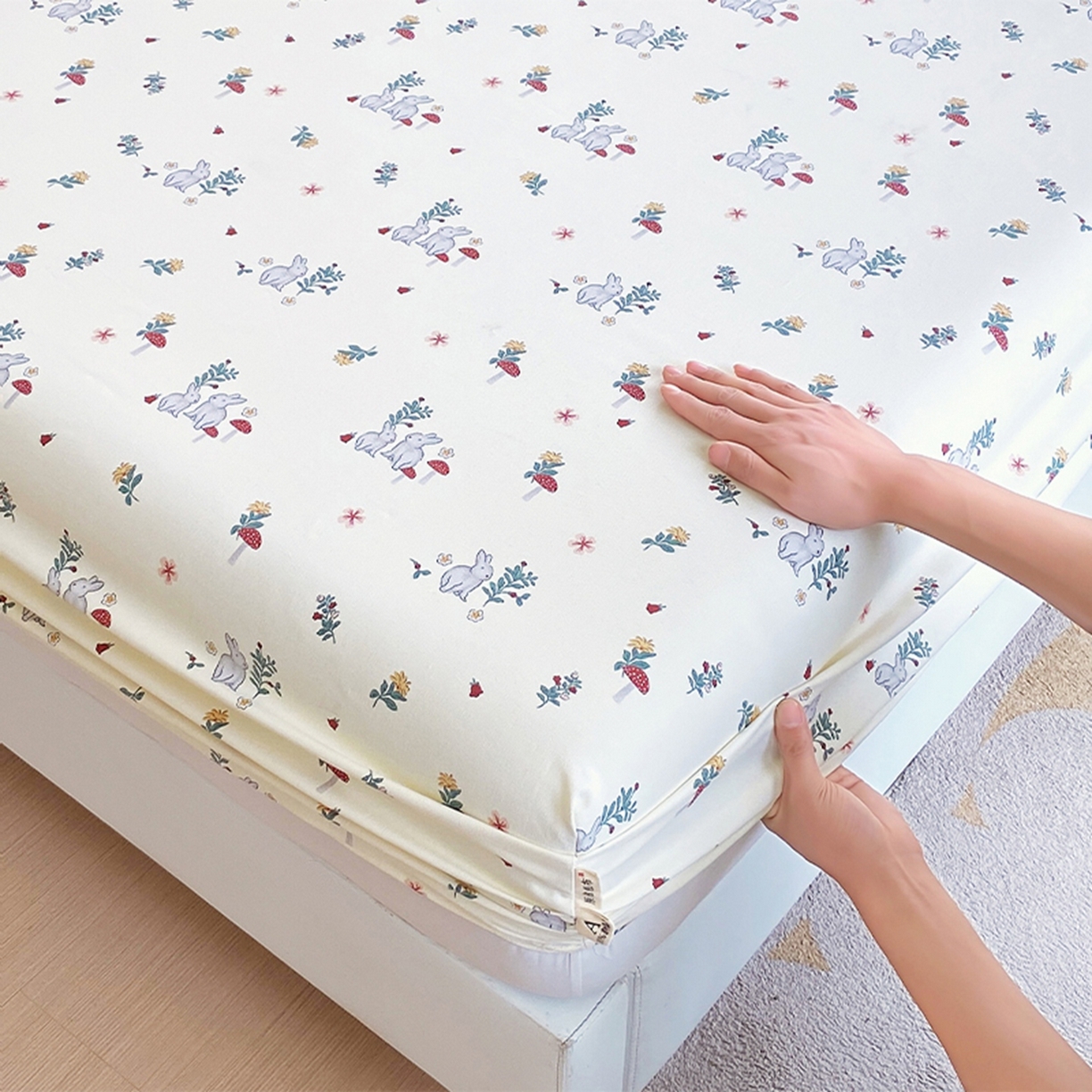 91家纺网 家纺一手货源 找家纺 春皖家纺 2026新款全棉老粗布席子凉席工艺款单床笠床笠单件 蘑菇兔