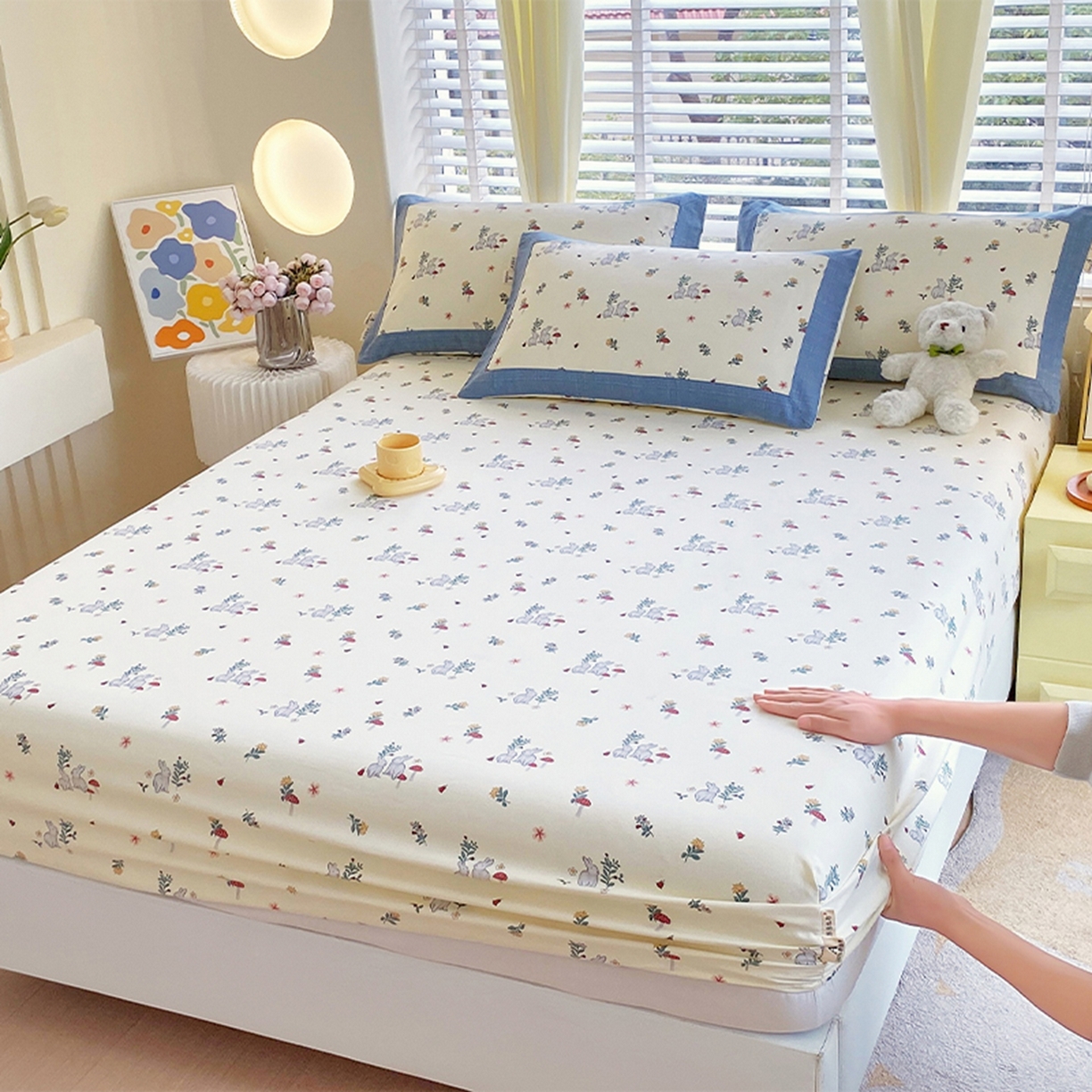 91家纺网 家纺一手货源 找家纺 春皖家纺 2026新款全棉老粗布席子凉席工艺款单床笠床笠单件 蘑菇兔