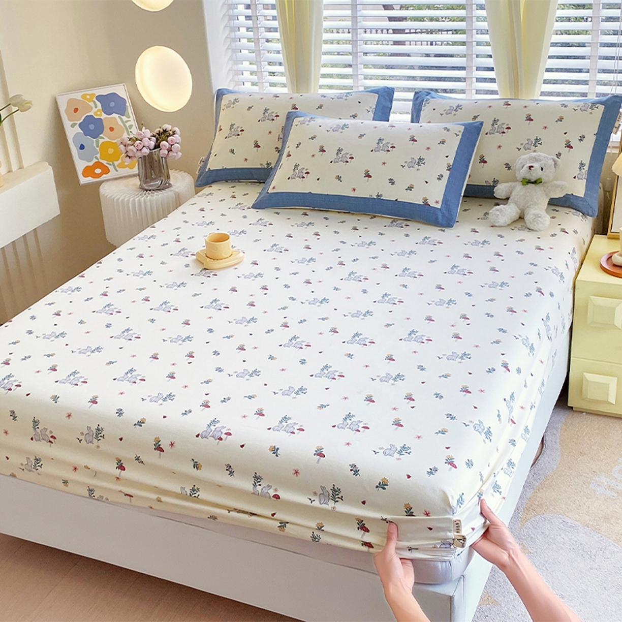 91家纺网 家纺一手货源 找家纺 春皖家纺 2026新款全棉老粗布席子凉席工艺款单床笠床笠单件 蘑菇兔