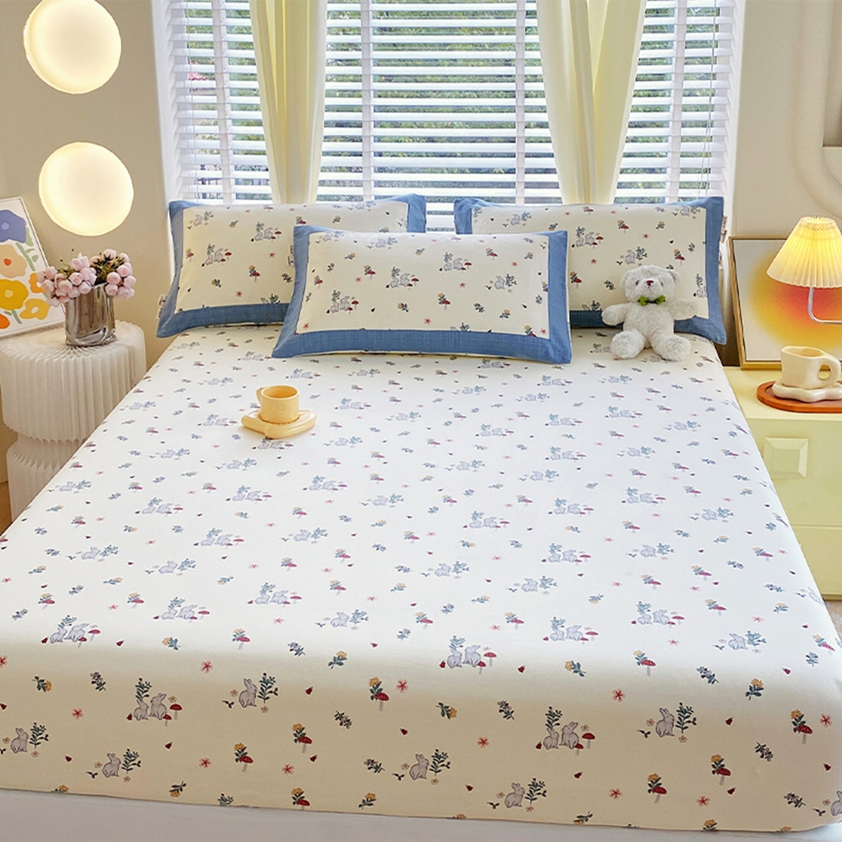 91家纺网 家纺一手货源 找家纺 春皖家纺 2026新款全棉老粗布席子凉席工艺款单床笠床笠单件 蘑菇兔