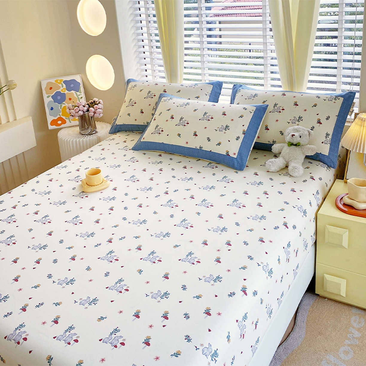 91家纺网 家纺一手货源 找家纺 春皖家纺 2026新款全棉老粗布席子凉席工艺款单床笠床笠单件 蘑菇兔