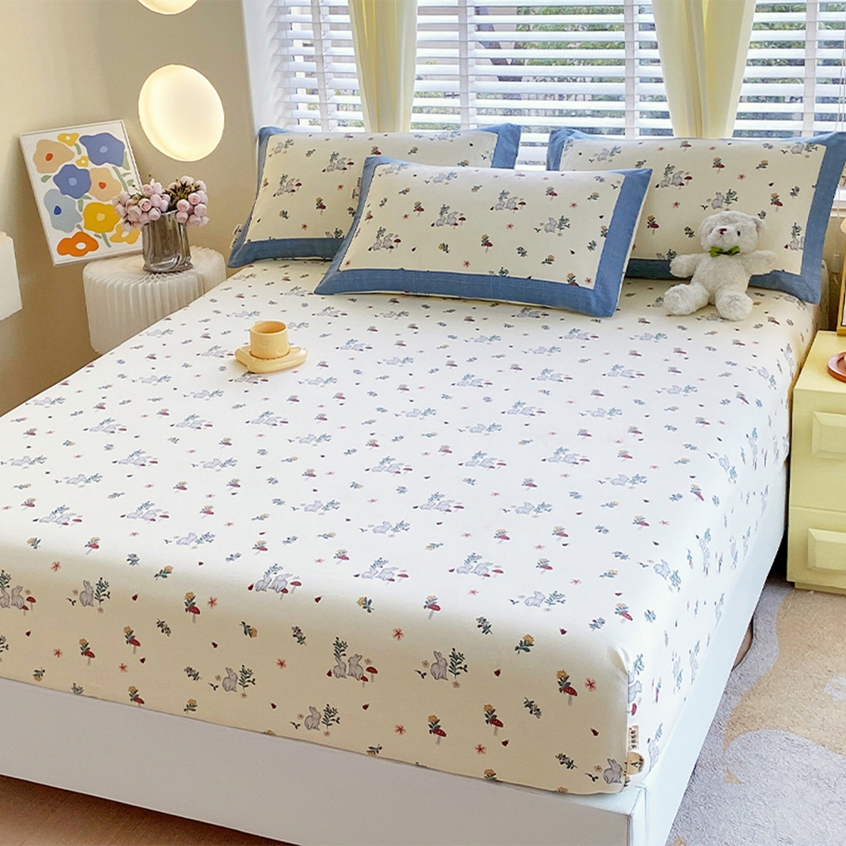 91家纺网 家纺一手货源 找家纺 春皖家纺 2026新款全棉老粗布席子凉席工艺款单床笠床笠单件 蘑菇兔