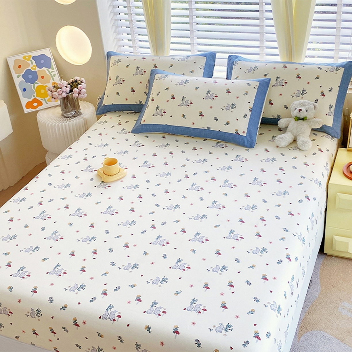 91家纺网 家纺一手货源 找家纺 春皖家纺 2026新款全棉老粗布席子凉席工艺款单床笠床笠单件 蘑菇兔