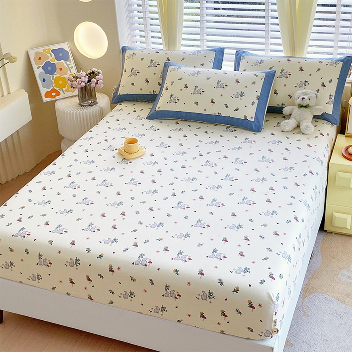 91家纺网 家纺一手货源 找家纺 春皖家纺 2026新款全棉老粗布席子凉席工艺款单床笠床笠单件 蘑菇兔