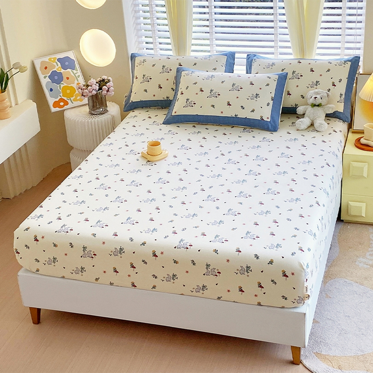 91家纺网 家纺一手货源 找家纺 春皖家纺 2026新款全棉老粗布席子凉席工艺款单床笠床笠单件 蘑菇兔