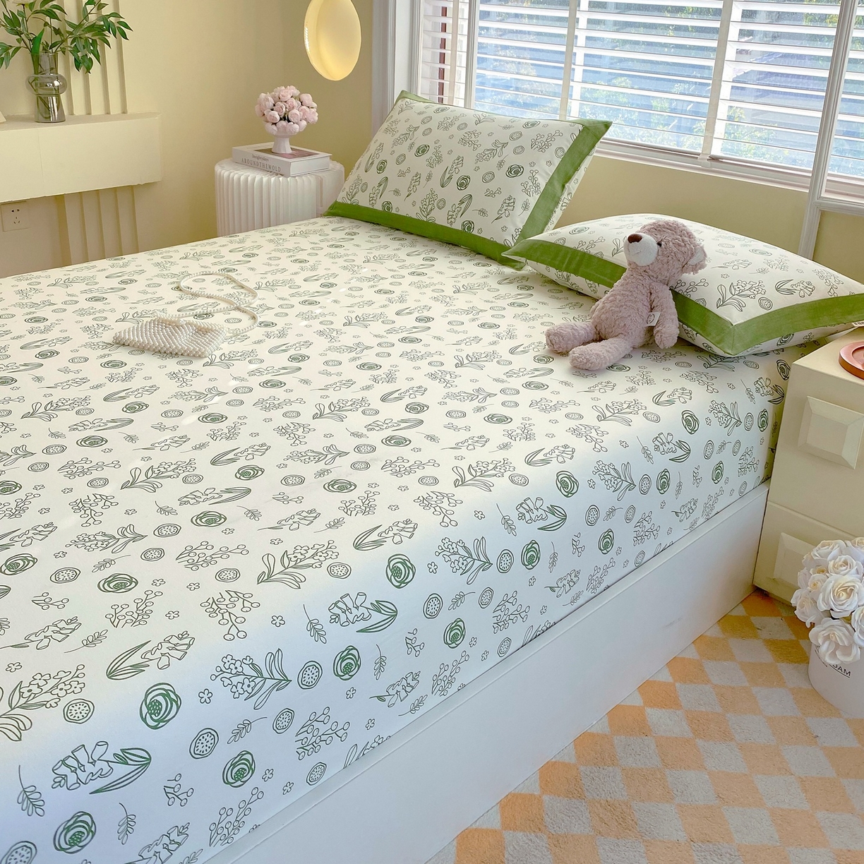 91家纺网 家纺一手货源 找家纺 春皖家纺 2026新款全棉老粗布席子凉席工艺款单床笠床笠单件 浅韵-绿