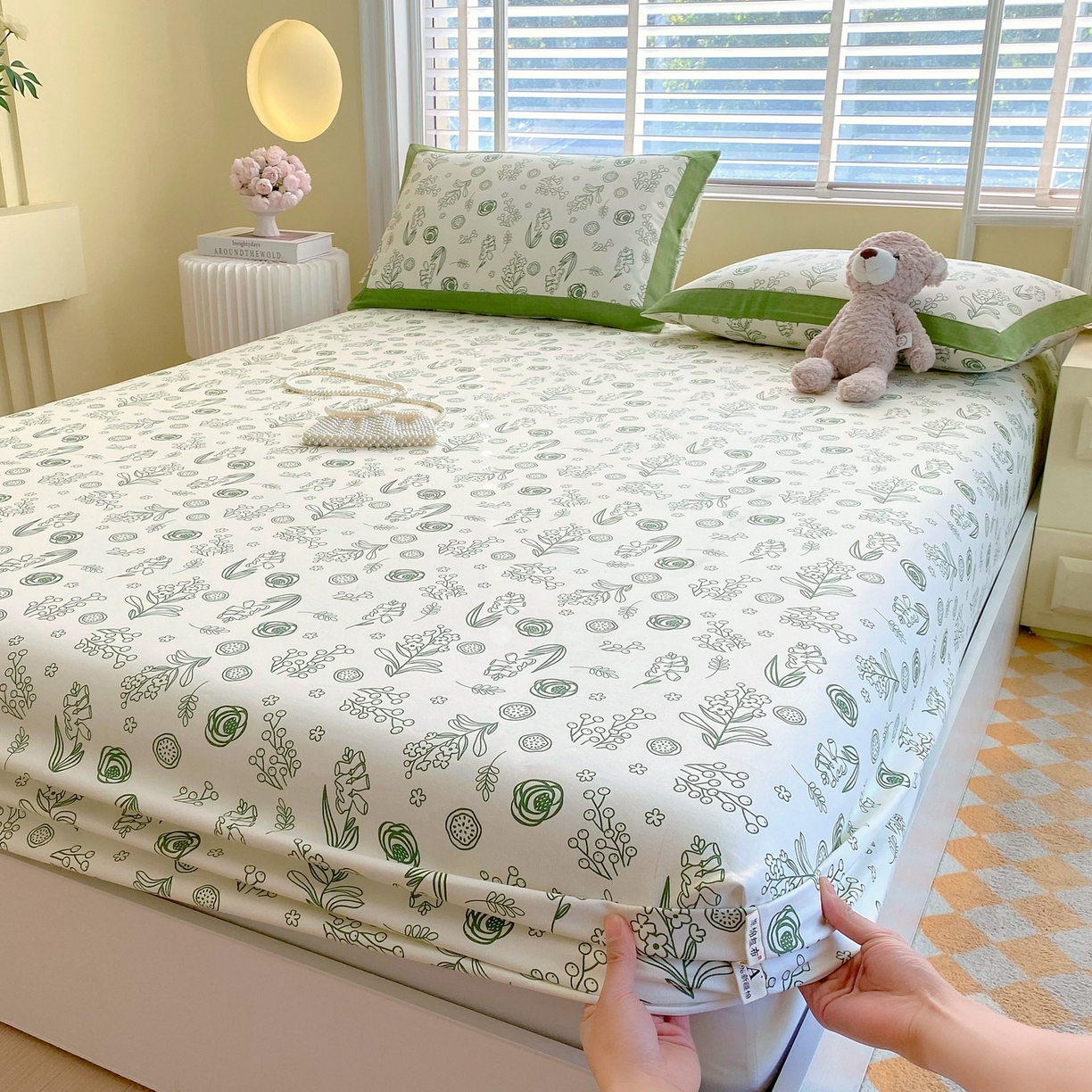 91家纺网 家纺一手货源 找家纺 春皖家纺 2026新款全棉老粗布席子凉席工艺款单床笠床笠单件 浅韵-绿