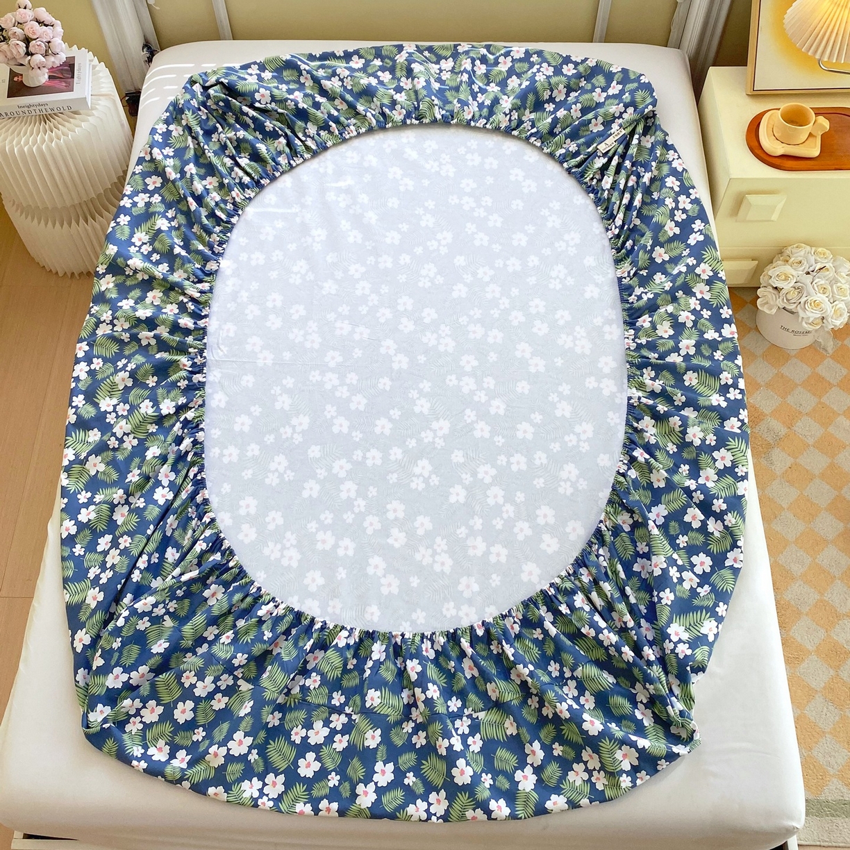 91家纺网 家纺一手货源 找家纺 春皖家纺 2026新款全棉老粗布席子凉席工艺款单床笠床笠单件 沁香蓝