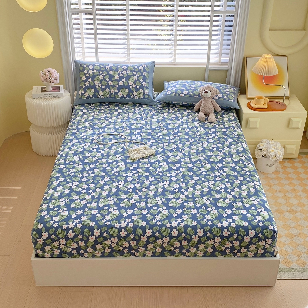 91家纺网 家纺一手货源 找家纺 春皖家纺 2026新款全棉老粗布席子凉席工艺款单床笠床笠单件 沁香蓝