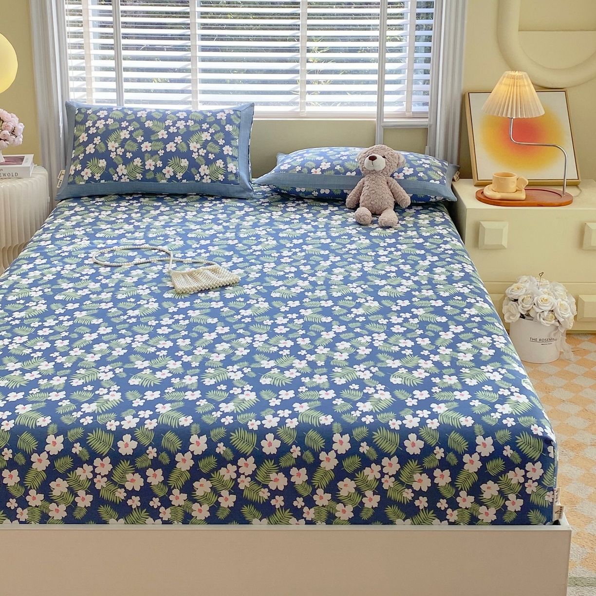 91家纺网 家纺一手货源 找家纺 春皖家纺 2026新款全棉老粗布席子凉席工艺款单床笠床笠单件 沁香蓝