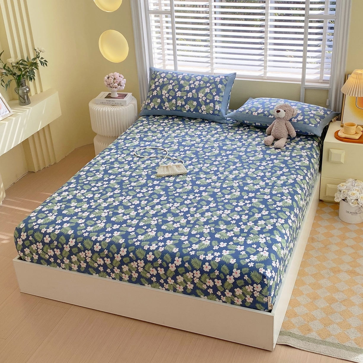 91家纺网 家纺一手货源 找家纺 春皖家纺 2026新款全棉老粗布席子凉席工艺款单床笠床笠单件 沁香蓝