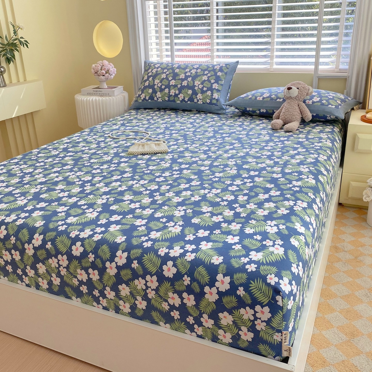 91家纺网 家纺一手货源 找家纺 春皖家纺 2026新款全棉老粗布席子凉席工艺款单床笠床笠单件 沁香蓝