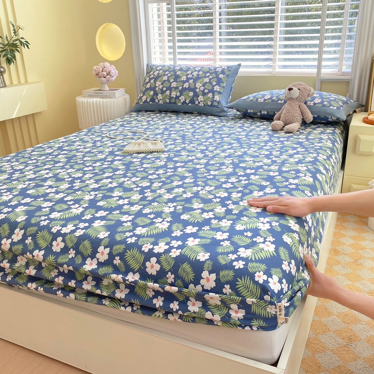 91家纺网 家纺一手货源 找家纺 春皖家纺 2026新款全棉老粗布席子凉席工艺款单床笠床笠单件 沁香蓝