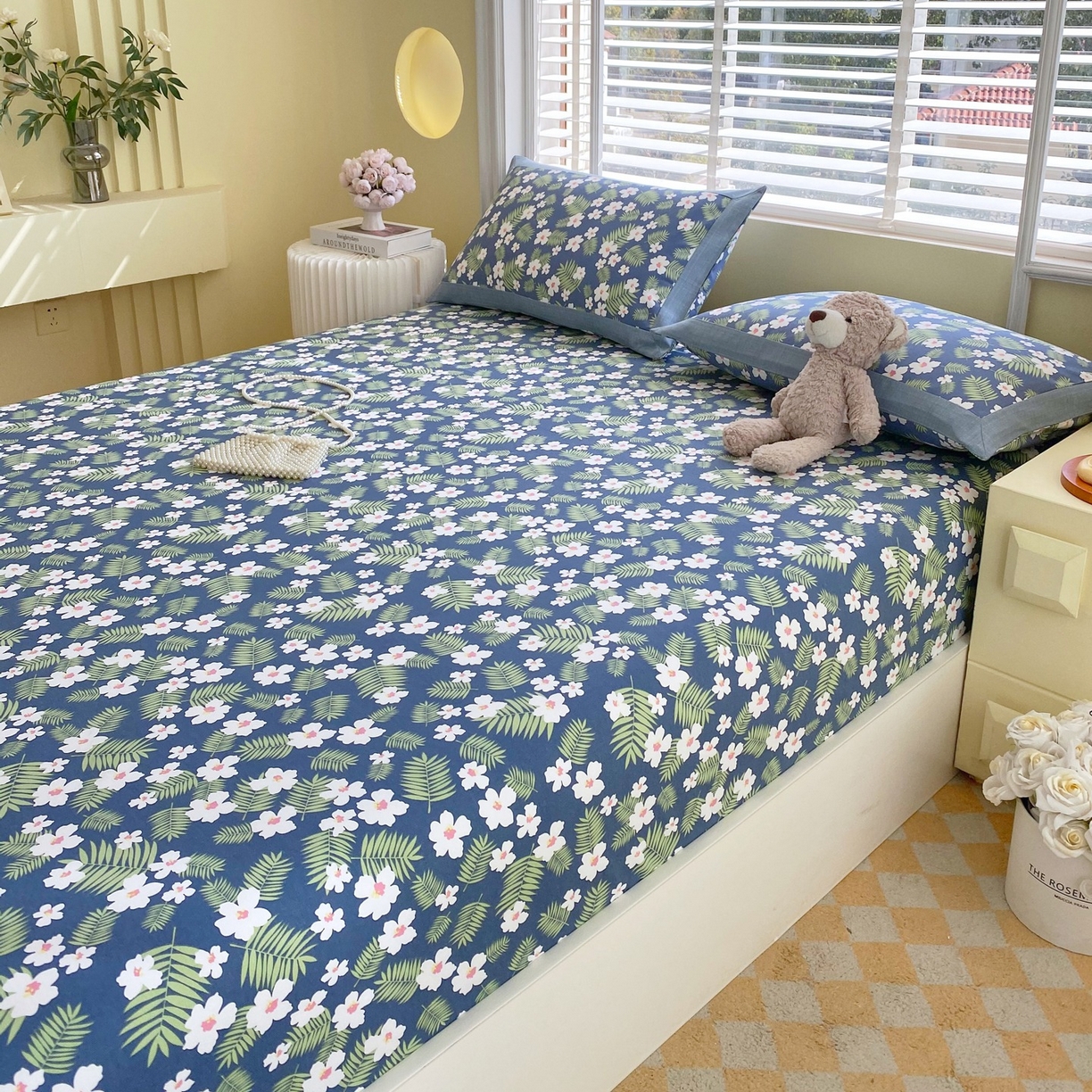 91家纺网 家纺一手货源 找家纺 春皖家纺 2026新款全棉老粗布席子凉席工艺款单床笠床笠单件 沁香蓝