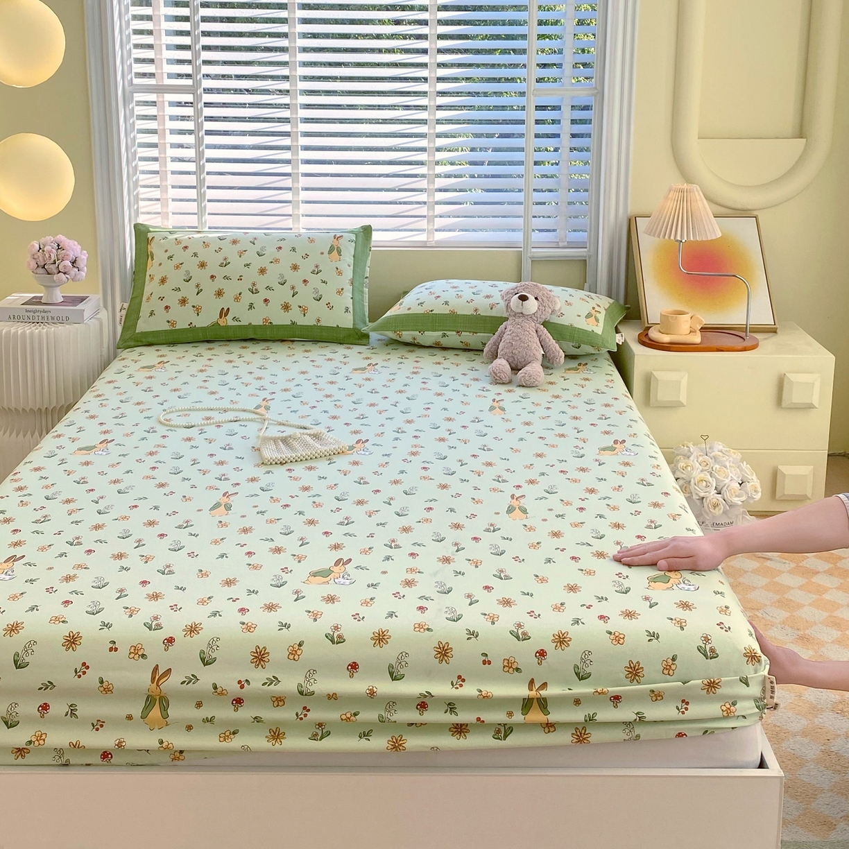 春皖家纺 2026新款全棉老粗布席子凉席工艺款单床笠床笠单件 兔开心