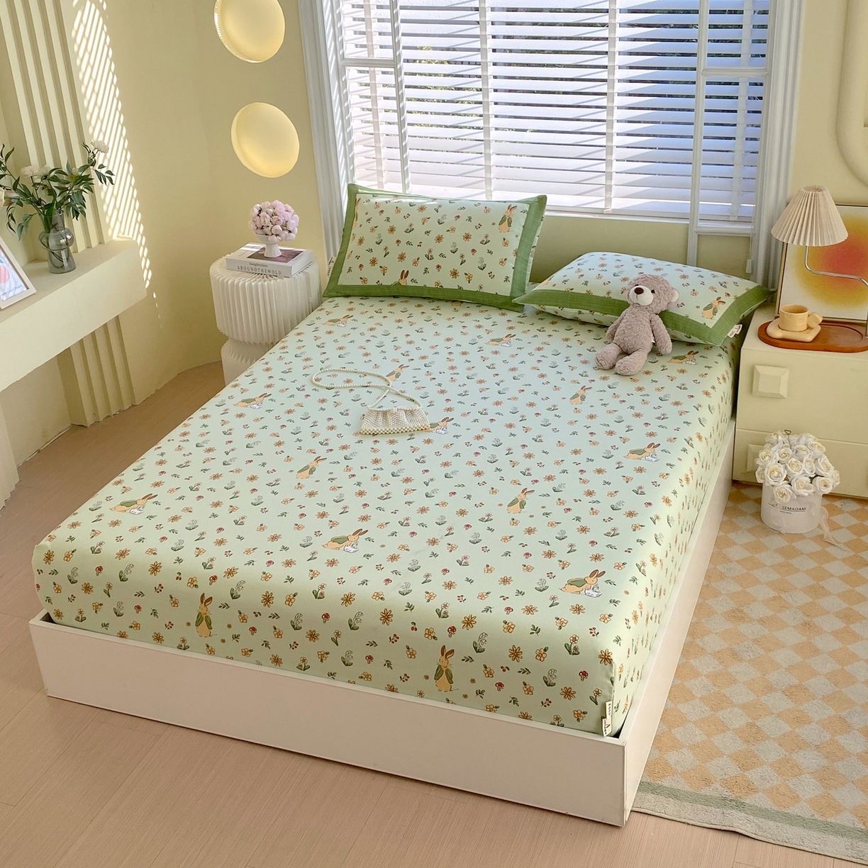 91家纺网 家纺一手货源 找家纺 春皖家纺 2026新款全棉老粗布席子凉席工艺款单床笠床笠单件 兔开心