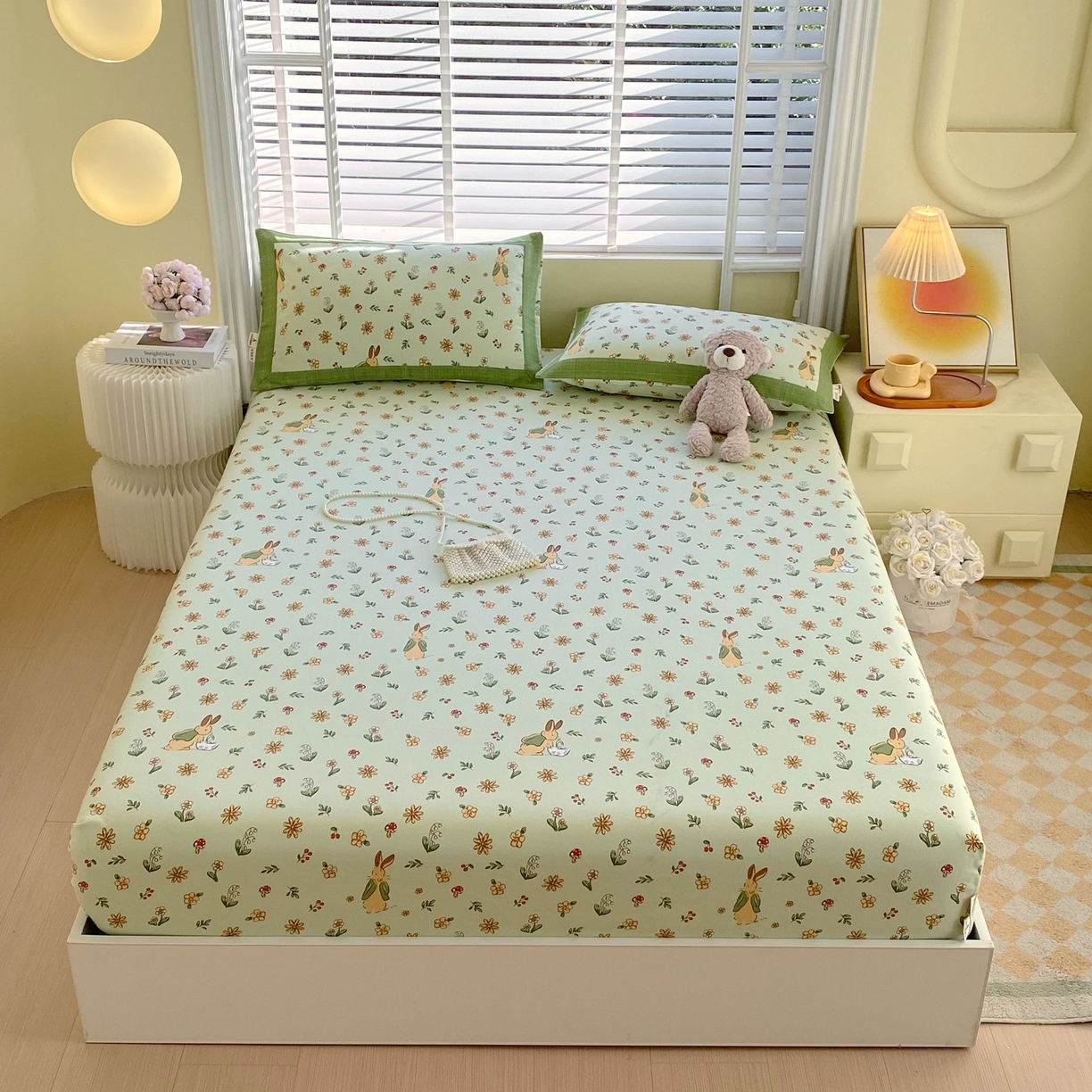 91家纺网 家纺一手货源 找家纺 春皖家纺 2026新款全棉老粗布席子凉席工艺款单床笠床笠单件 兔开心