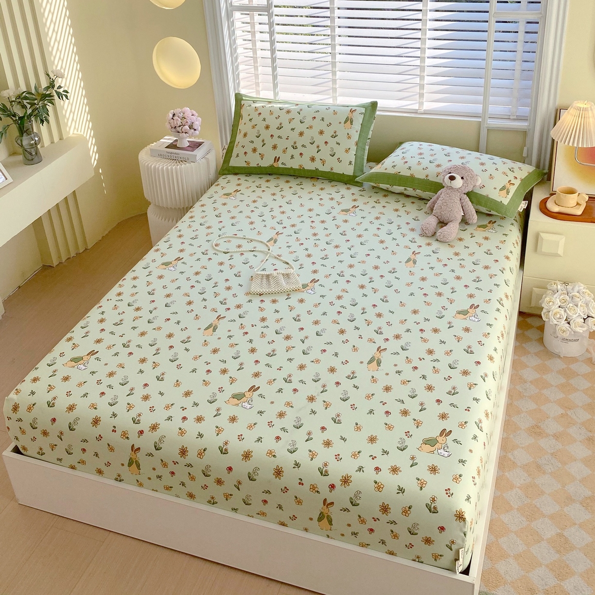 91家纺网 家纺一手货源 找家纺 春皖家纺 2026新款全棉老粗布席子凉席工艺款单床笠床笠单件 兔开心