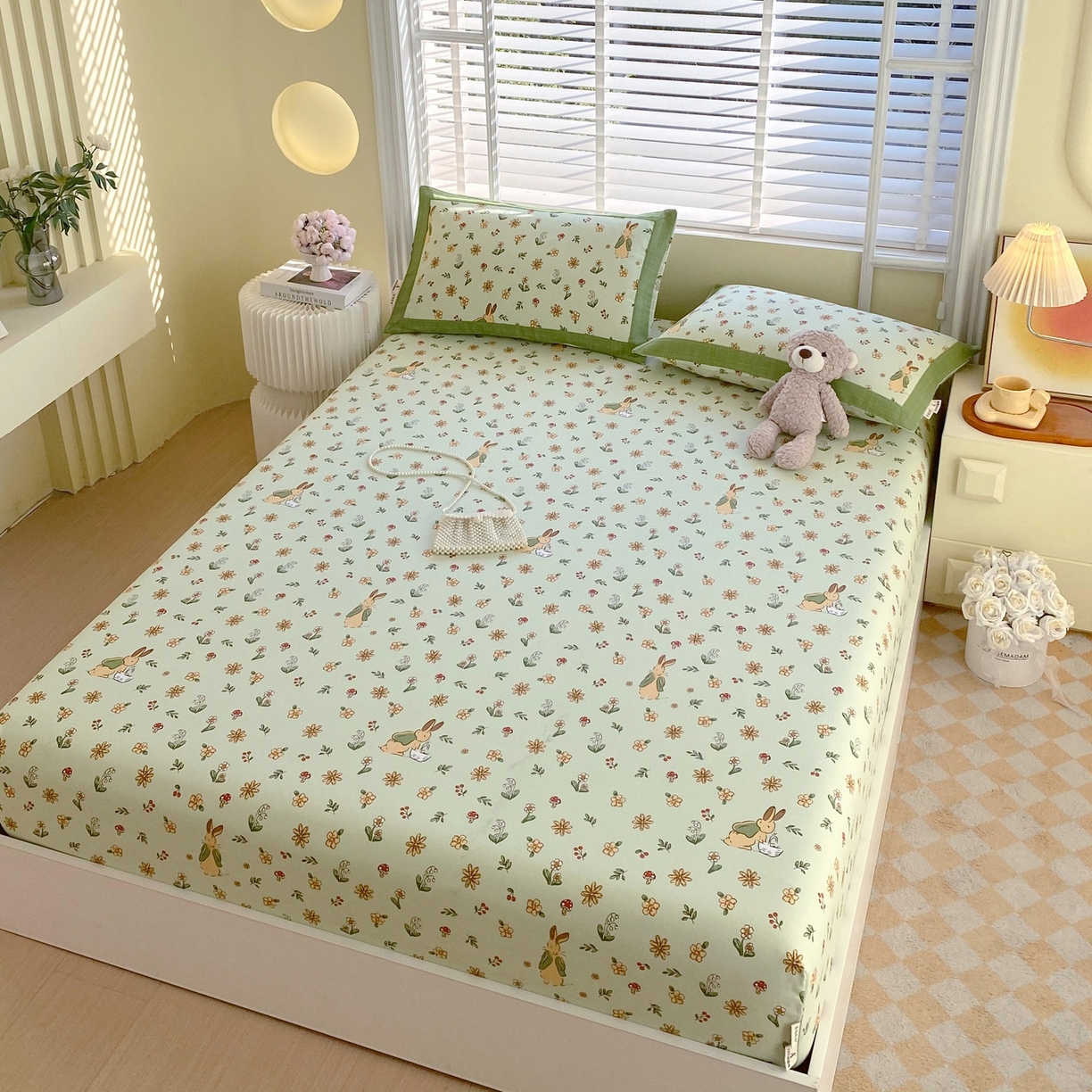 91家纺网 家纺一手货源 找家纺 春皖家纺 2026新款全棉老粗布席子凉席工艺款单床笠床笠单件 兔开心