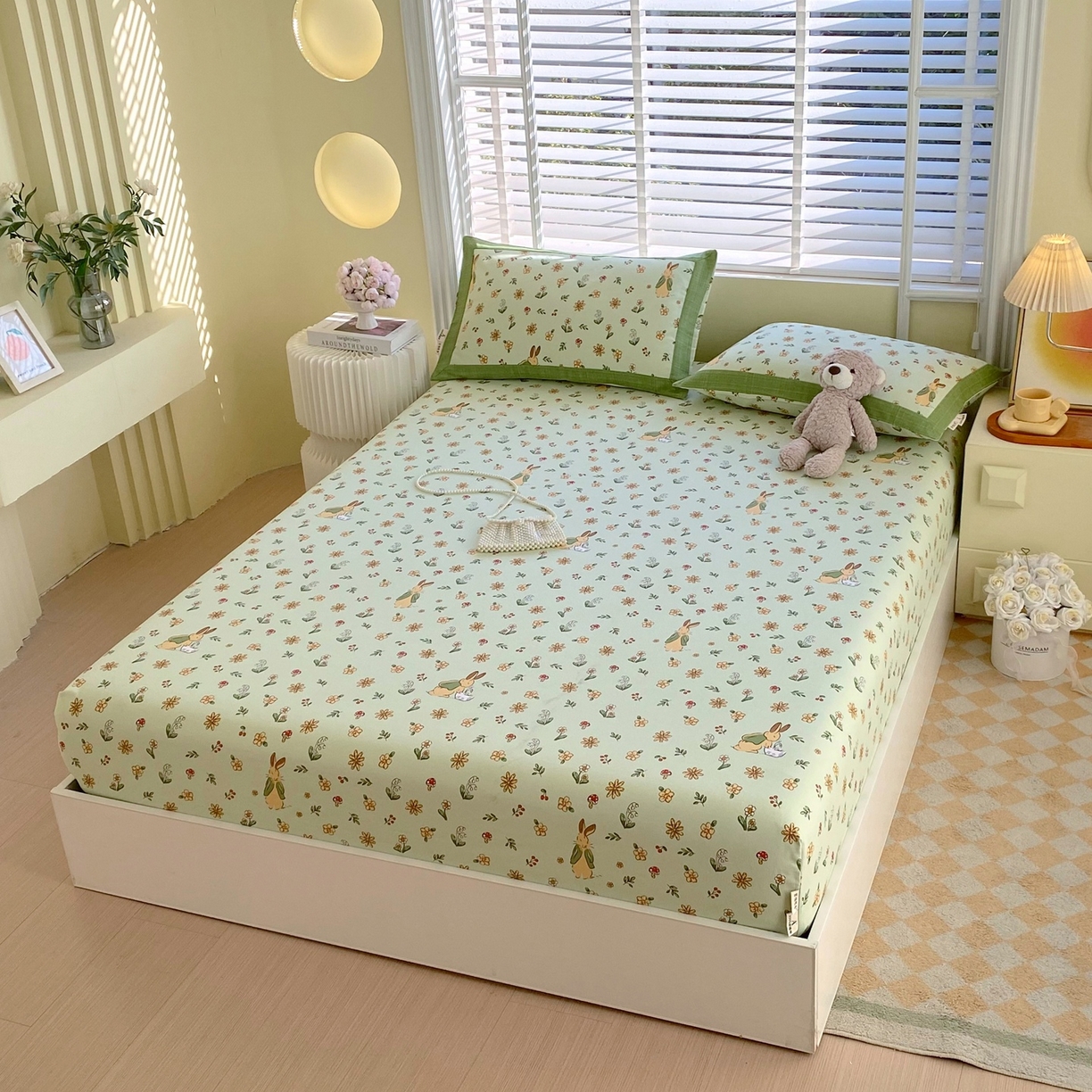 91家纺网 家纺一手货源 找家纺 春皖家纺 2026新款全棉老粗布席子凉席工艺款单床笠床笠单件 兔开心