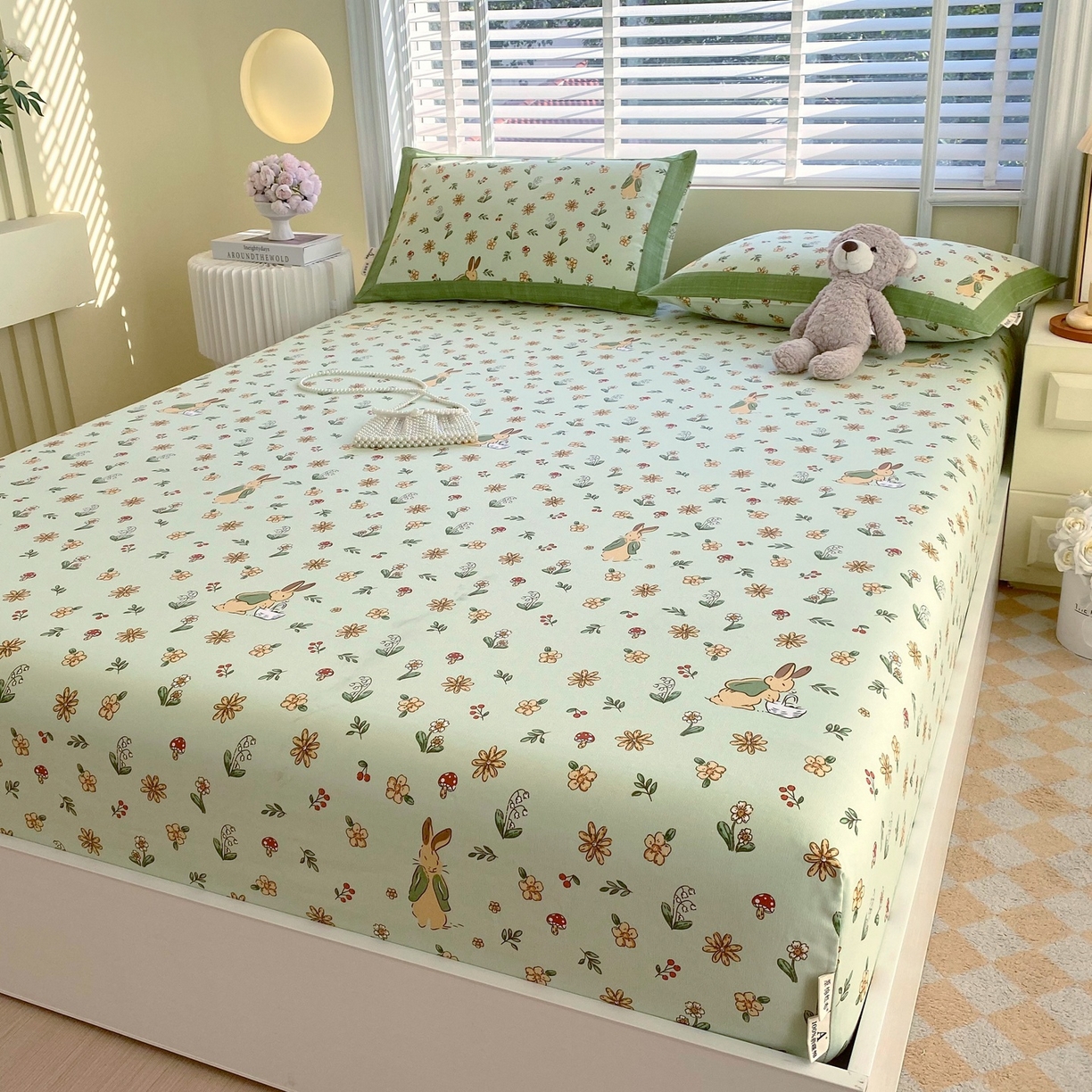 91家纺网 家纺一手货源 找家纺 春皖家纺 2026新款全棉老粗布席子凉席工艺款单床笠床笠单件 兔开心