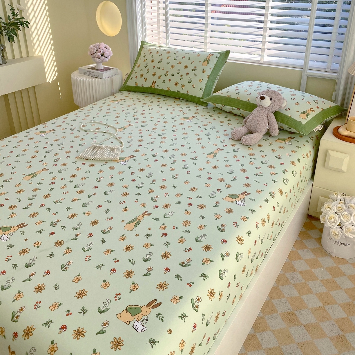 91家纺网 家纺一手货源 找家纺 春皖家纺 2026新款全棉老粗布席子凉席工艺款单床笠床笠单件 兔开心