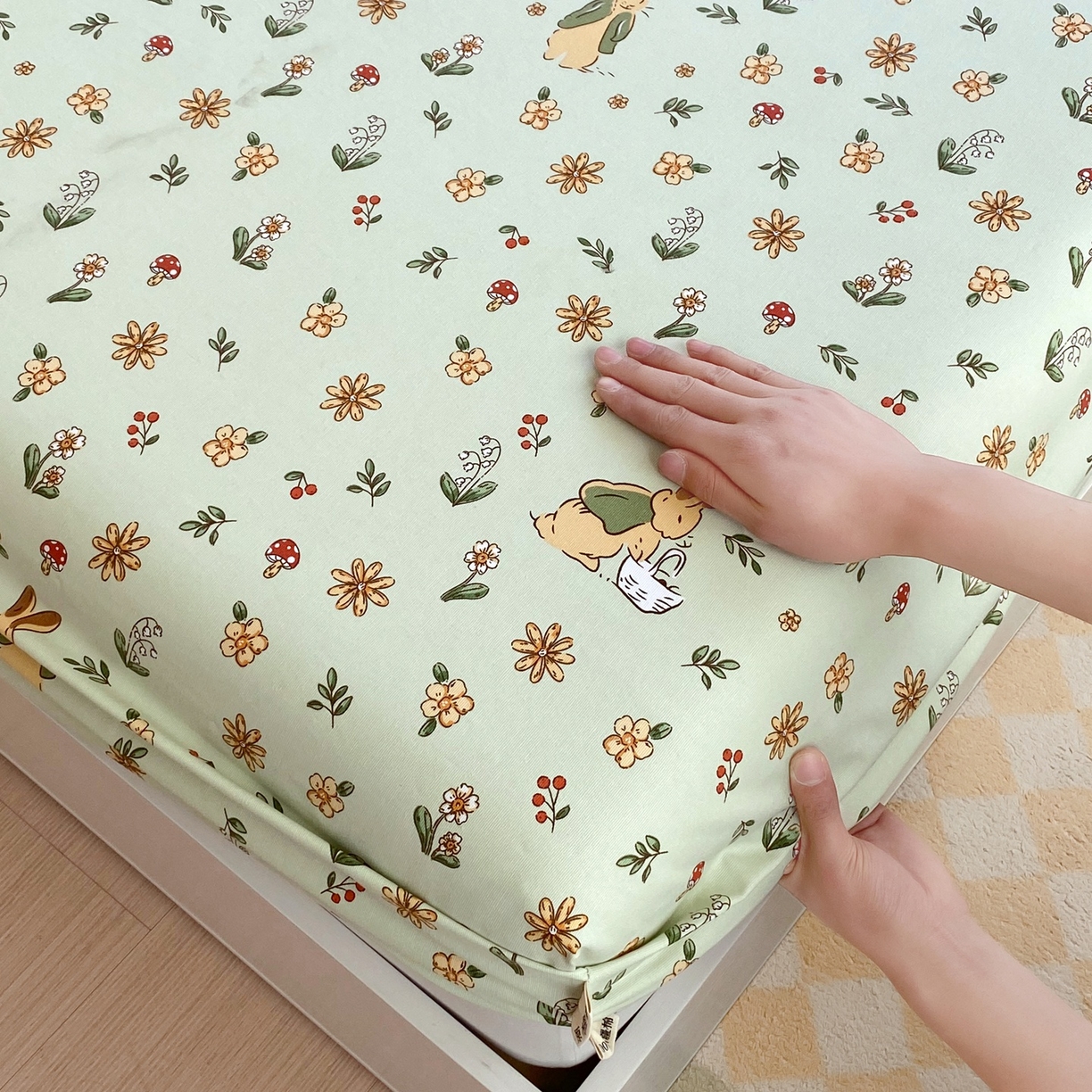 91家纺网 家纺一手货源 找家纺 春皖家纺 2026新款全棉老粗布席子凉席工艺款单床笠床笠单件 兔开心