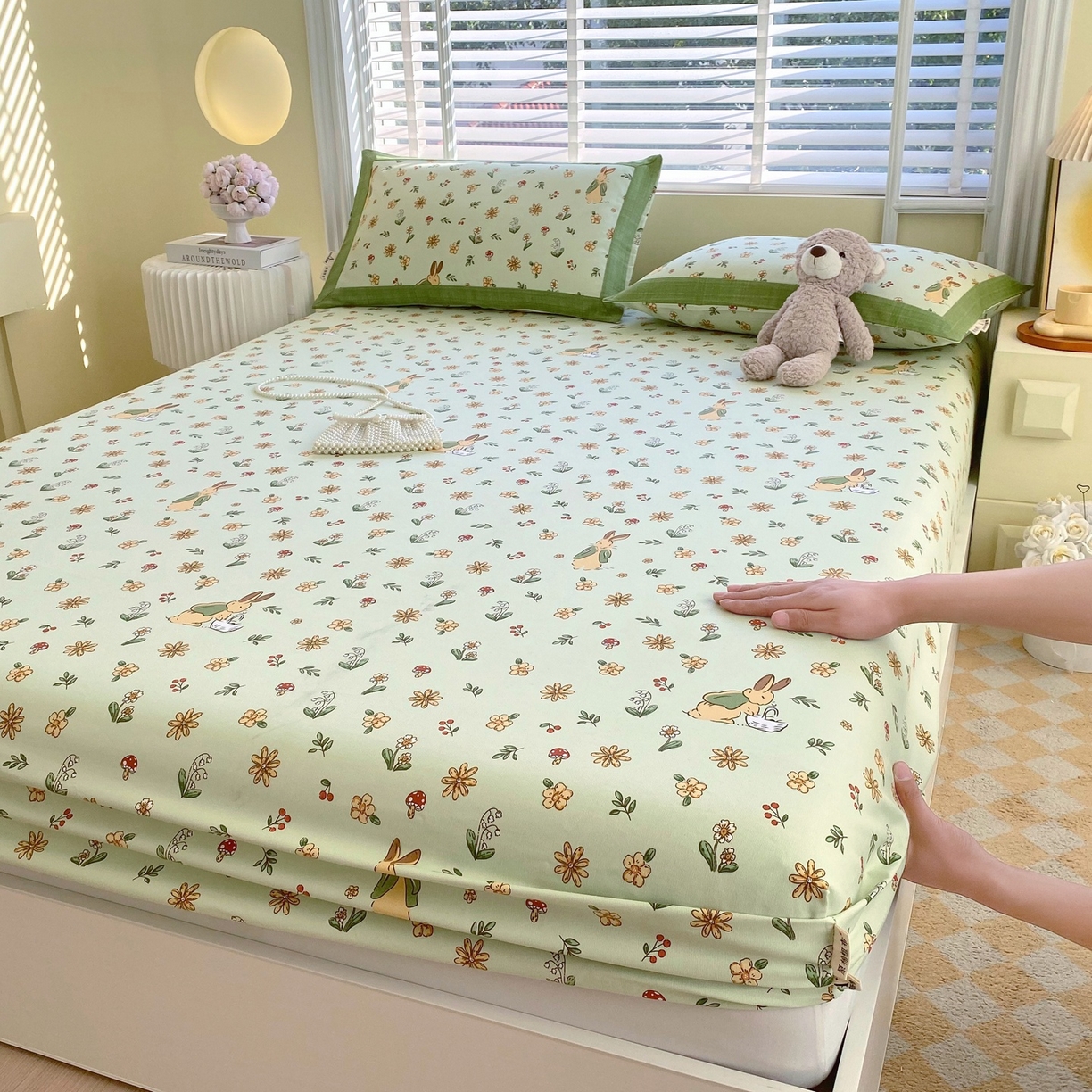 91家纺网 家纺一手货源 找家纺 春皖家纺 2026新款全棉老粗布席子凉席工艺款单床笠床笠单件 兔开心