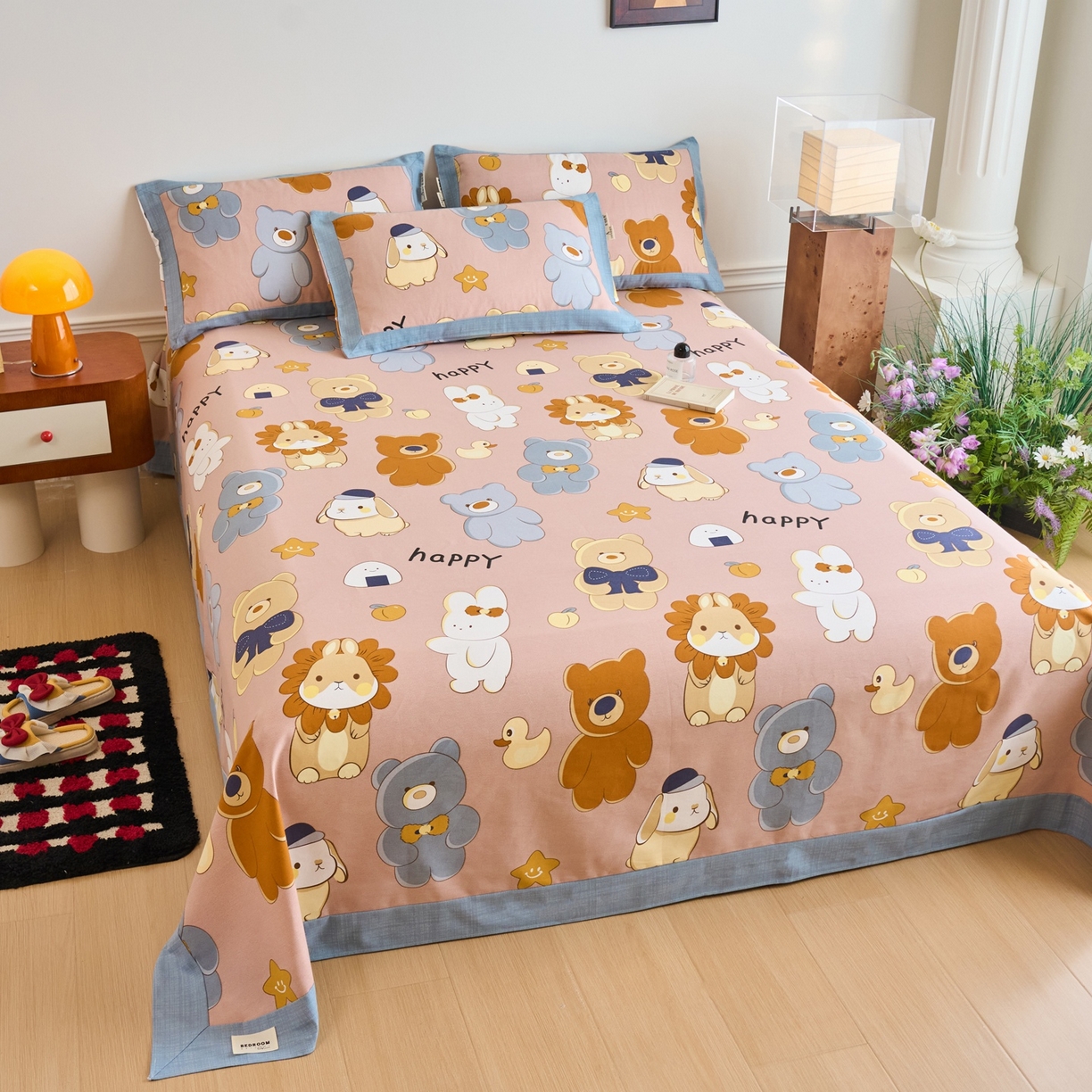 91家纺网 家纺一手货源 找家纺 春皖家纺 2026新款全棉老粗布席子凉席工艺款单床单床单单件 快乐熊