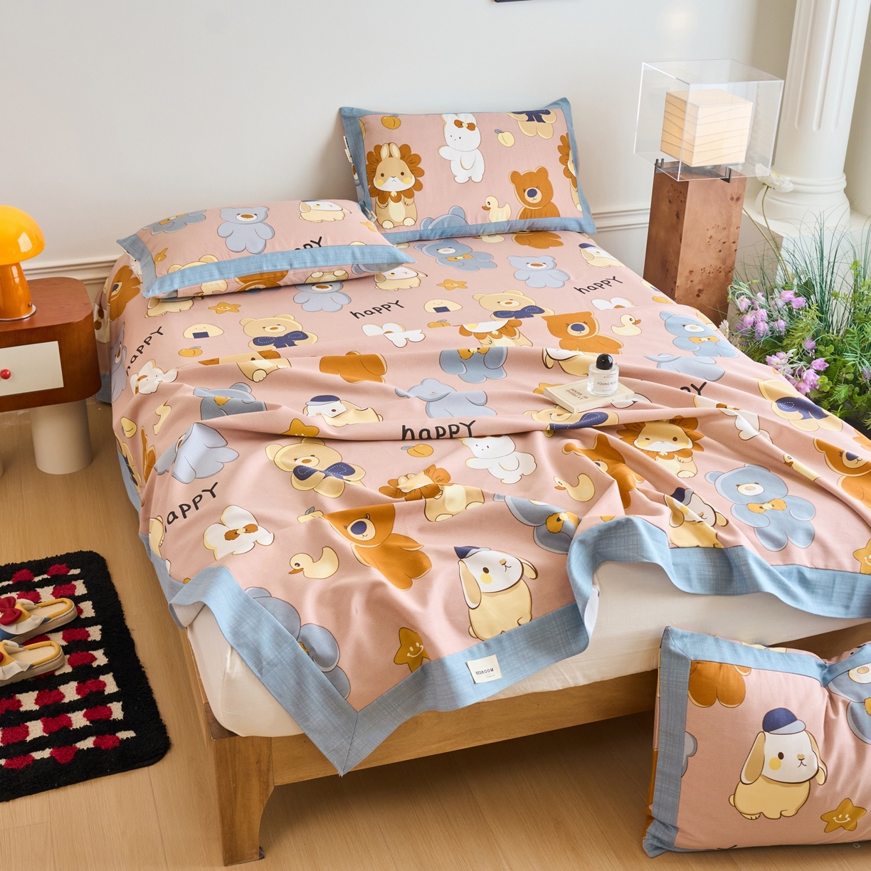 91家纺网 家纺一手货源 找家纺 春皖家纺 2026新款全棉老粗布席子凉席工艺款单床单床单单件 快乐熊