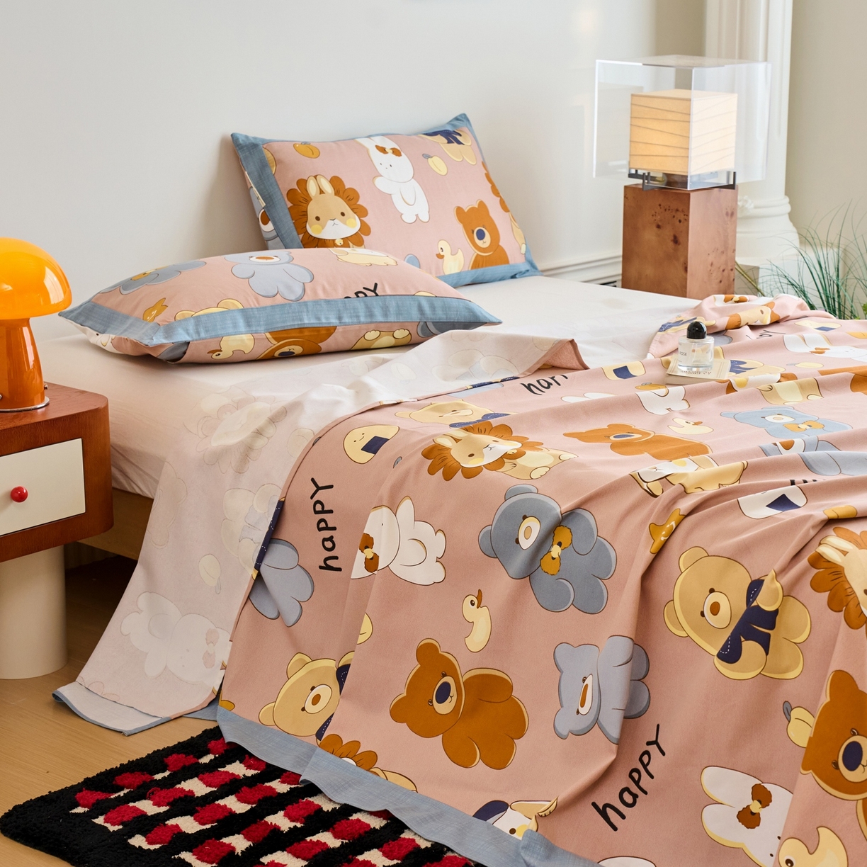 91家纺网 家纺一手货源 找家纺 春皖家纺 2026新款全棉老粗布席子凉席工艺款单床单床单单件 快乐熊