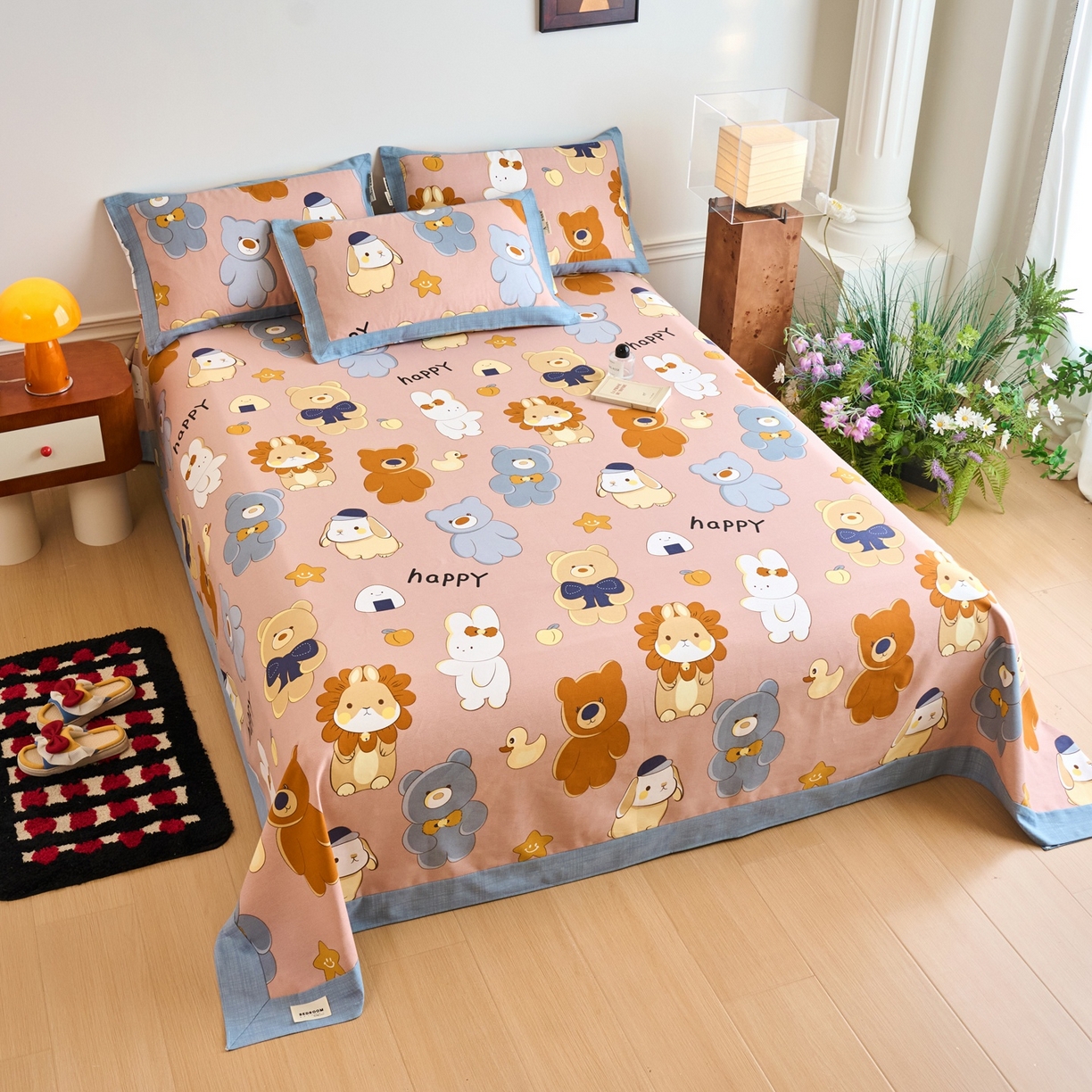 91家纺网 家纺一手货源 找家纺 春皖家纺 2026新款全棉老粗布席子凉席工艺款单床单床单单件 快乐熊