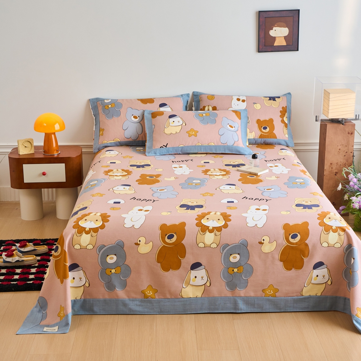 91家纺网 家纺一手货源 找家纺 春皖家纺 2026新款全棉老粗布席子凉席工艺款单床单床单单件 快乐熊