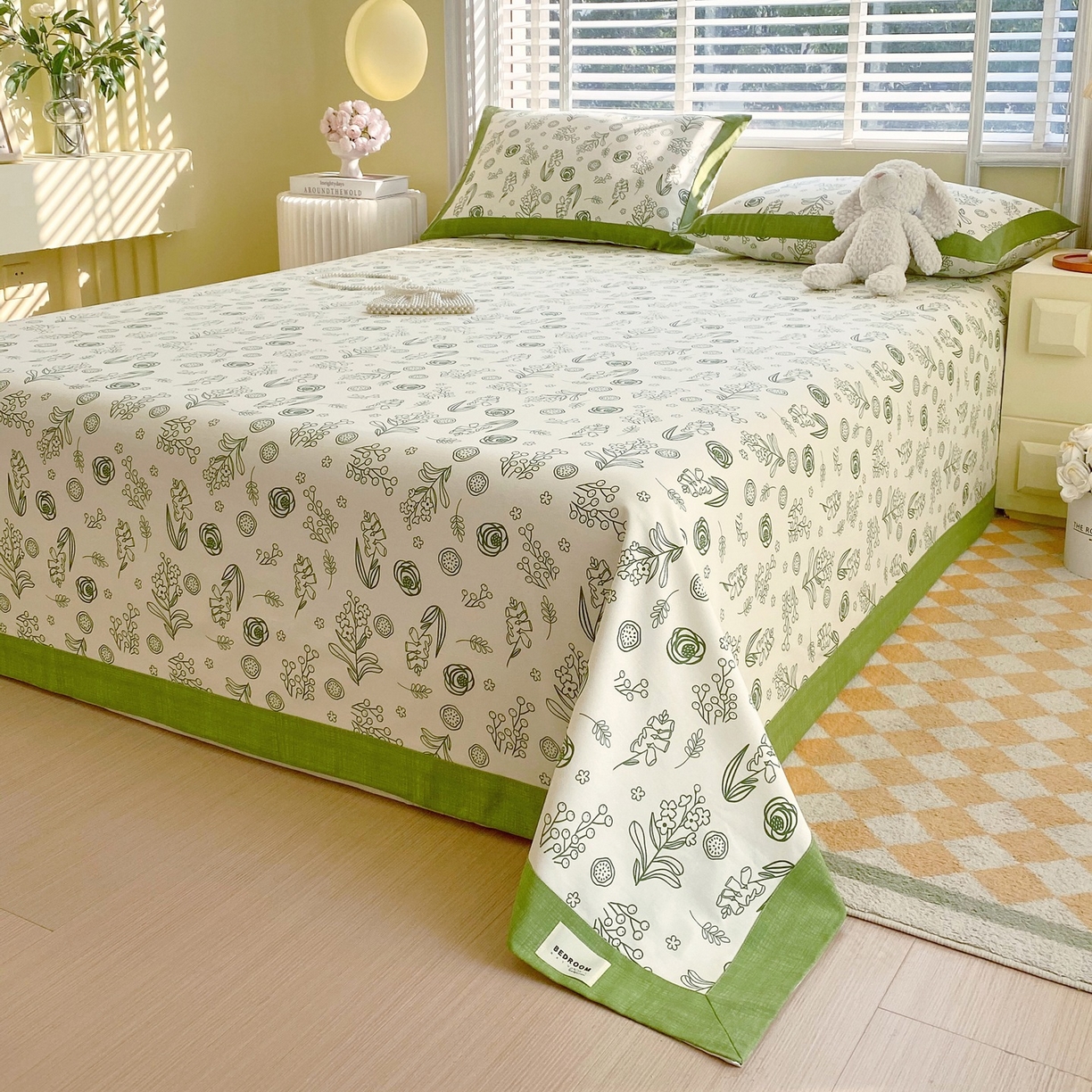 91家纺网 家纺一手货源 找家纺 春皖家纺 2026新款全棉老粗布席子凉席工艺款单床单床单单件 浅韵-绿