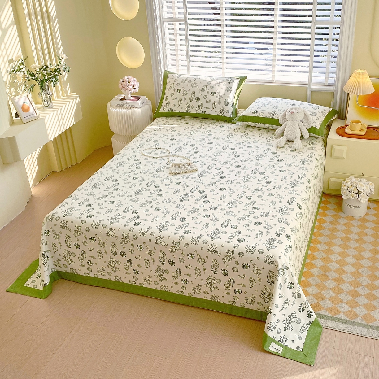 91家纺网 家纺一手货源 找家纺 春皖家纺 2026新款全棉老粗布席子凉席工艺款单床单床单单件 浅韵-绿