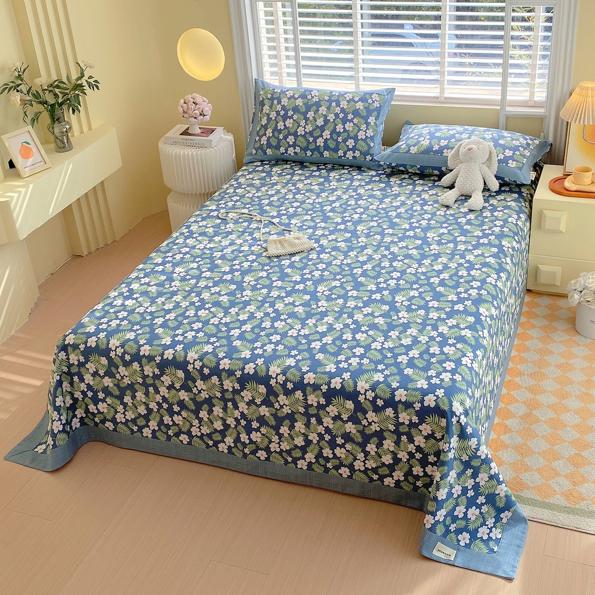 91家纺网 家纺一手货源 找家纺 春皖家纺 2026新款全棉老粗布席子凉席工艺款单床单床单单件 沁香蓝