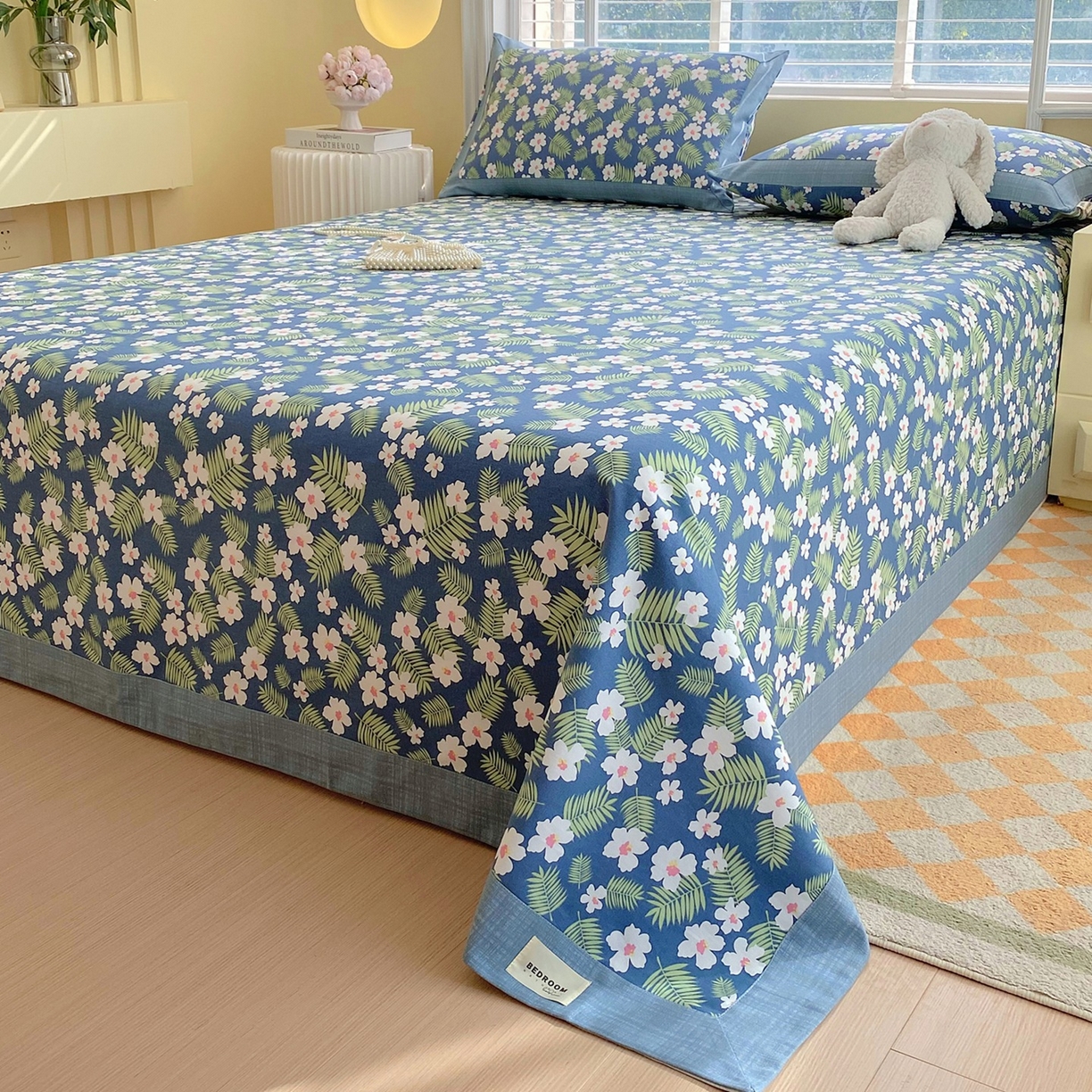 91家纺网 家纺一手货源 找家纺 春皖家纺 2026新款全棉老粗布席子凉席工艺款单床单床单单件 沁香蓝