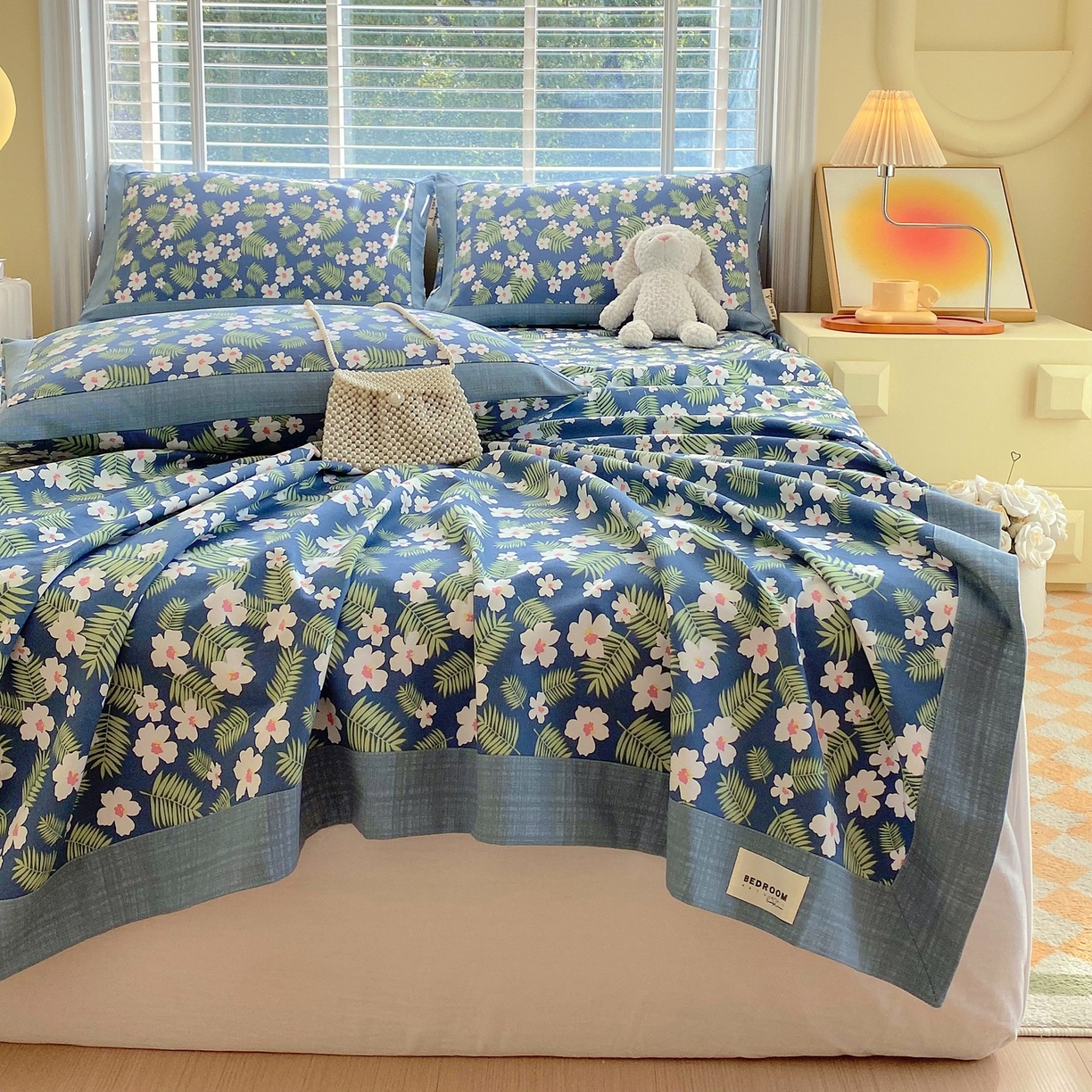 91家纺网 家纺一手货源 找家纺 春皖家纺 2026新款全棉老粗布席子凉席工艺款单床单床单单件 沁香蓝