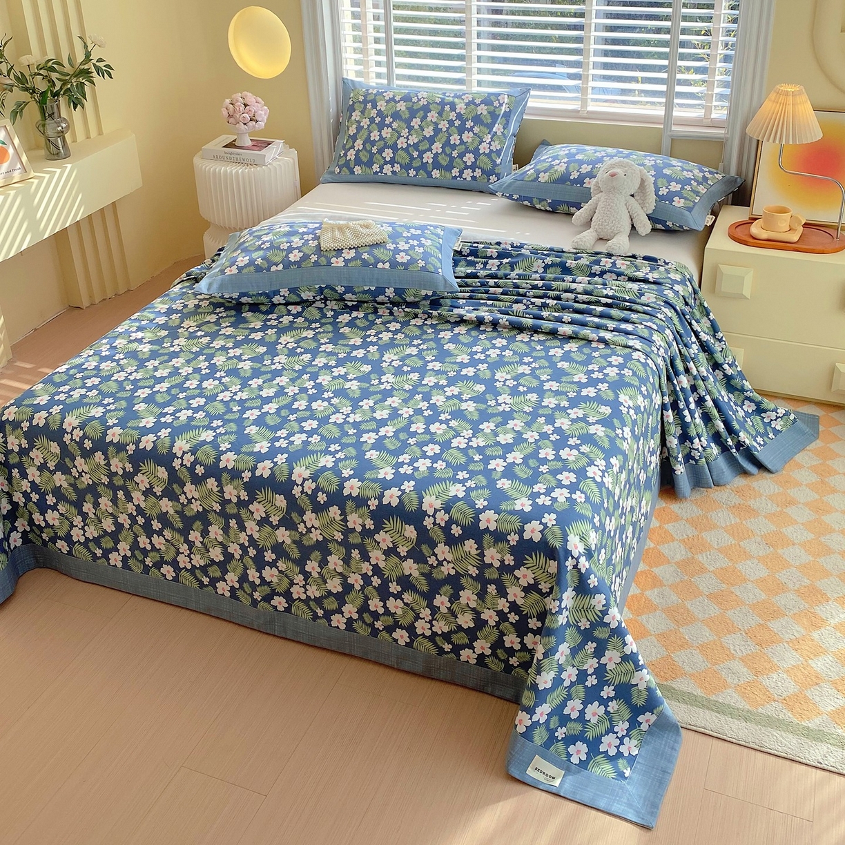 91家纺网 家纺一手货源 找家纺 春皖家纺 2026新款全棉老粗布席子凉席工艺款单床单床单单件 沁香蓝