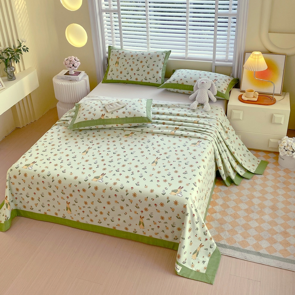 91家纺网 家纺一手货源 找家纺 春皖家纺 2026新款全棉老粗布席子凉席工艺款单床单床单单件 兔开心