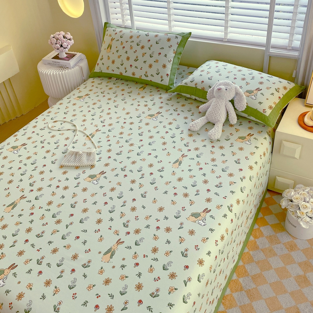 91家纺网 家纺一手货源 找家纺 春皖家纺 2026新款全棉老粗布席子凉席工艺款单床单床单单件 兔开心