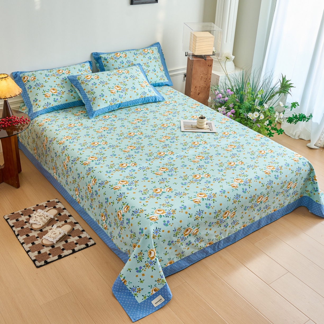 91家纺网 家纺一手货源 找家纺 春皖家纺 2026新款全棉老粗布席子凉席工艺款单床单床单单件 绚烂