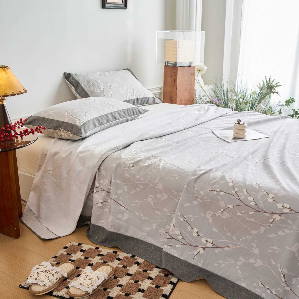 91家纺网 家纺一手货源 找家纺 春皖家纺 2026新款全棉老粗布席子凉席工艺款单床单床单单件 枝丫