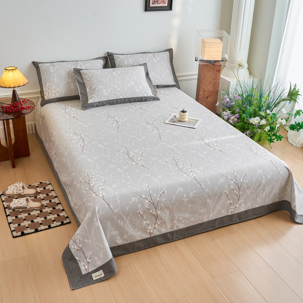 91家纺网 家纺一手货源 找家纺 春皖家纺 2026新款全棉老粗布席子凉席工艺款单床单床单单件 枝丫