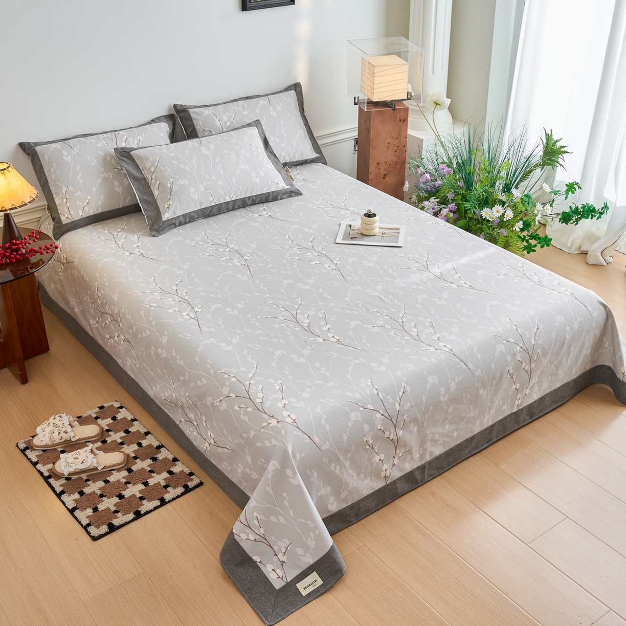 91家纺网 家纺一手货源 找家纺 春皖家纺 2026新款全棉老粗布席子凉席工艺款单床单床单单件 枝丫