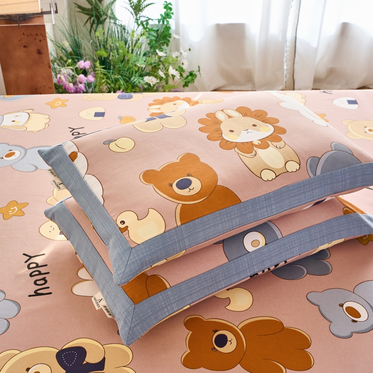 91家纺网 家纺一手货源 找家纺 春皖家纺 2026新款全棉老粗布工艺款单枕套枕套单件 快乐熊