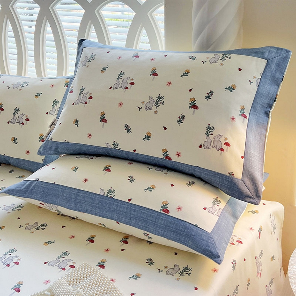 91家纺网 家纺一手货源 找家纺 春皖家纺 2026新款全棉老粗布工艺款单枕套枕套单件 蘑菇兔