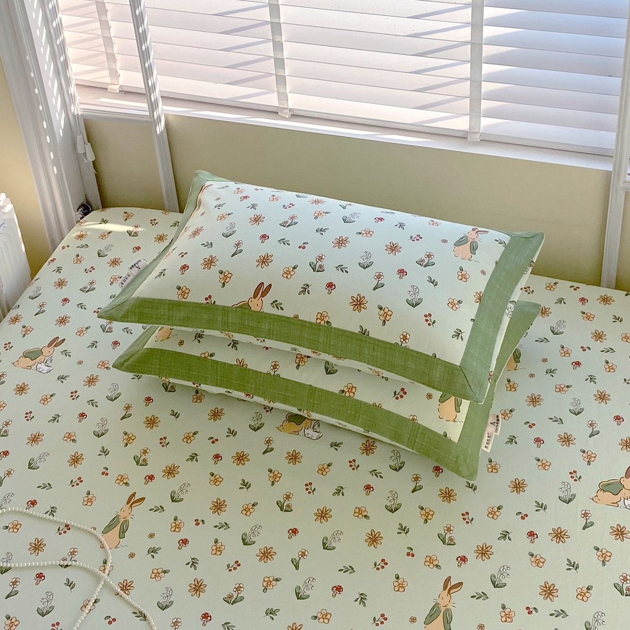 91家纺网 家纺一手货源 找家纺 春皖家纺 2026新款全棉老粗布工艺款单枕套枕套单件 兔开心